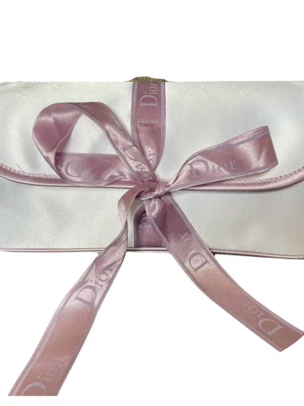 Dior Cream Satin Clutch with Pink Ribbon